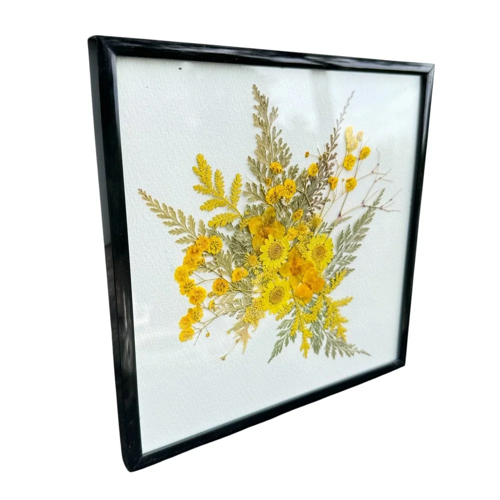 Vintage Pressed Yellow Wildflower Botanical Art Framed 8x8 Square Black Frame